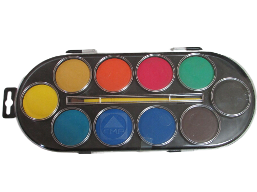 Watercolour Paint Set Plastic Box of 10 pcs 40mm plus Brush (Made in Italy)
