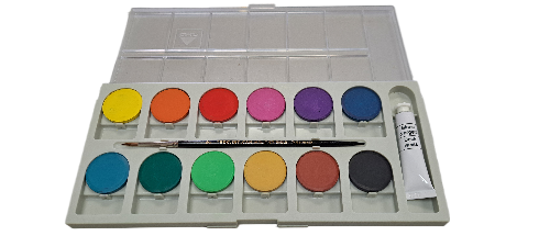 A watercolor travel paint set displayed with a plastic box containing 12 paint tablets, a tube of Sable watercolor brush size #3, and an artist professional sable watercolour brush.