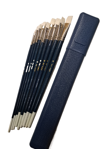 Ensemble de 9 pinceaux d'artiste en poils synthétiques de forme demi-long , manche long avec étui