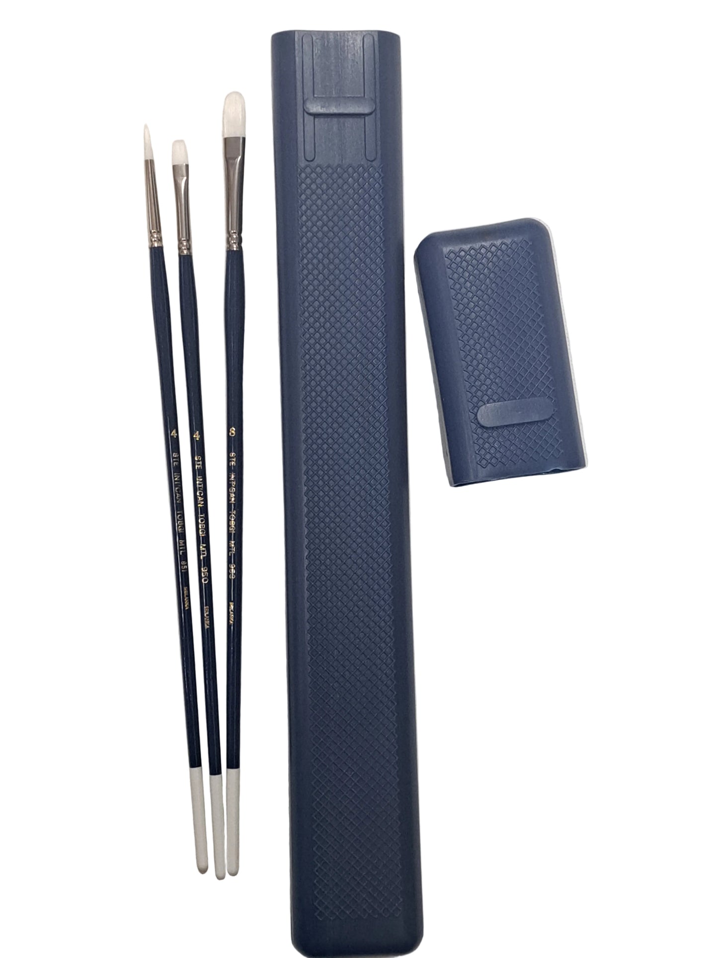 Ensemble de 3 pinceaux d'artiste en poils synthétiques blancs de martre, à manche long, pour huile et acrylique, avec étui.