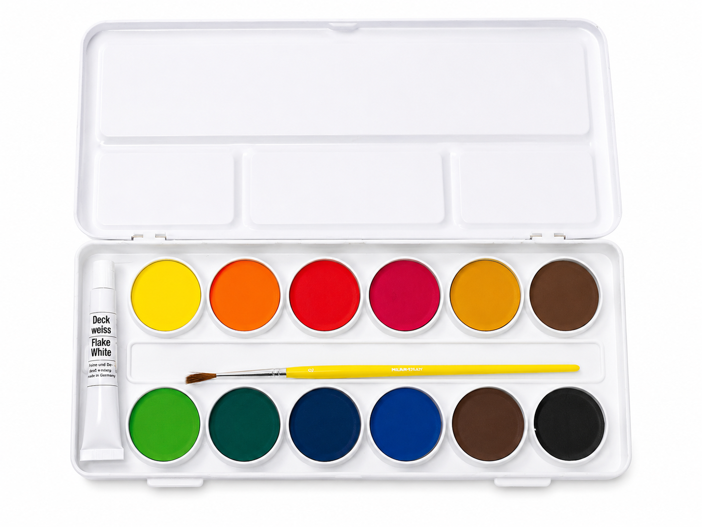 A 12-color watercolor paint palette in a white plastic case, shown open with its lid raised. The palette contains 12 round pans of paint in yellow, orange, red, pink, gold, brown, green, teal, blue, navy, brown, and black.