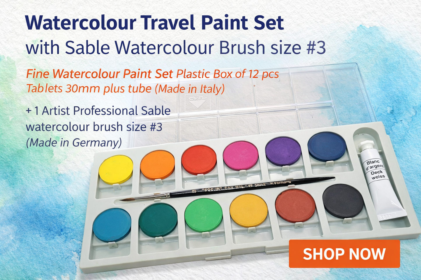 Watercolor travel Paint Set with Sable watercolor Brush size #3