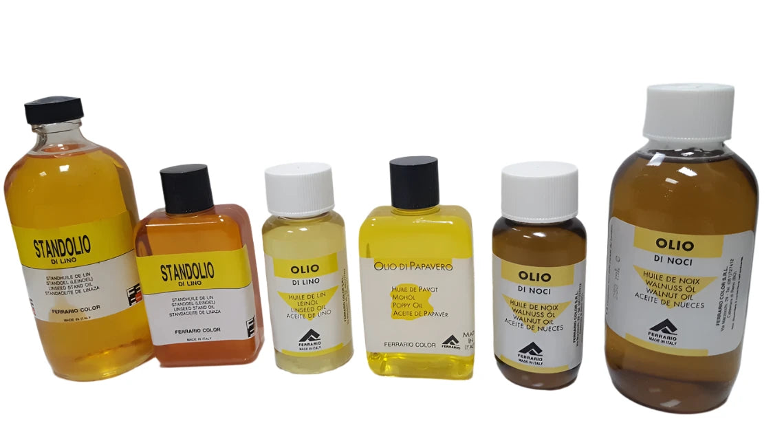 A collection of Ferrario oil paint mediums in various sizes, displaying different types such as walnut, linseed, and poppy oil.