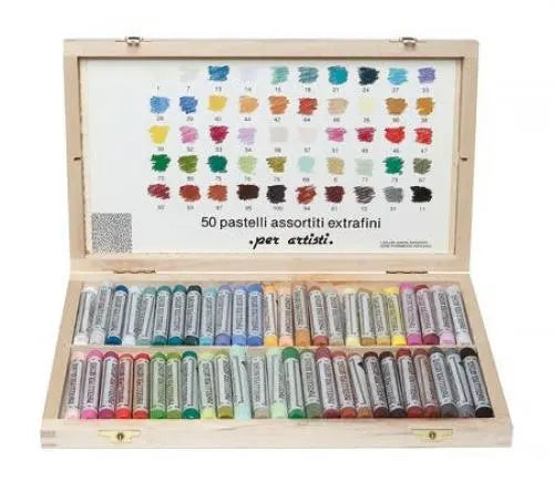 A set of 50 Ferrario Extrafine soft pastels in a variety of colors, displayed in a wooden case with full sticks.