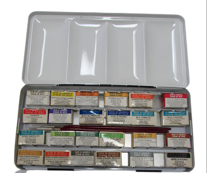 A set of 24 Ferrario extra-fine artist watercolor paint pots in a metal box, with labels in various colors, including white, yellow, orange, red, blue, and green.