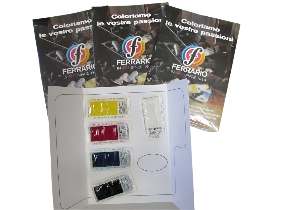 A set of FERRARIO IDROIL Artist Water Soluble Oil Paint including five primary colors in sample sachets, with packaging displaying the product information.