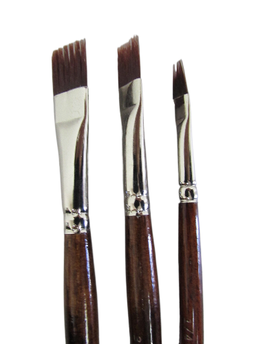 A set of three angle hair brushes with brown handles and silver ferrules, varying in size, displayed side by side.