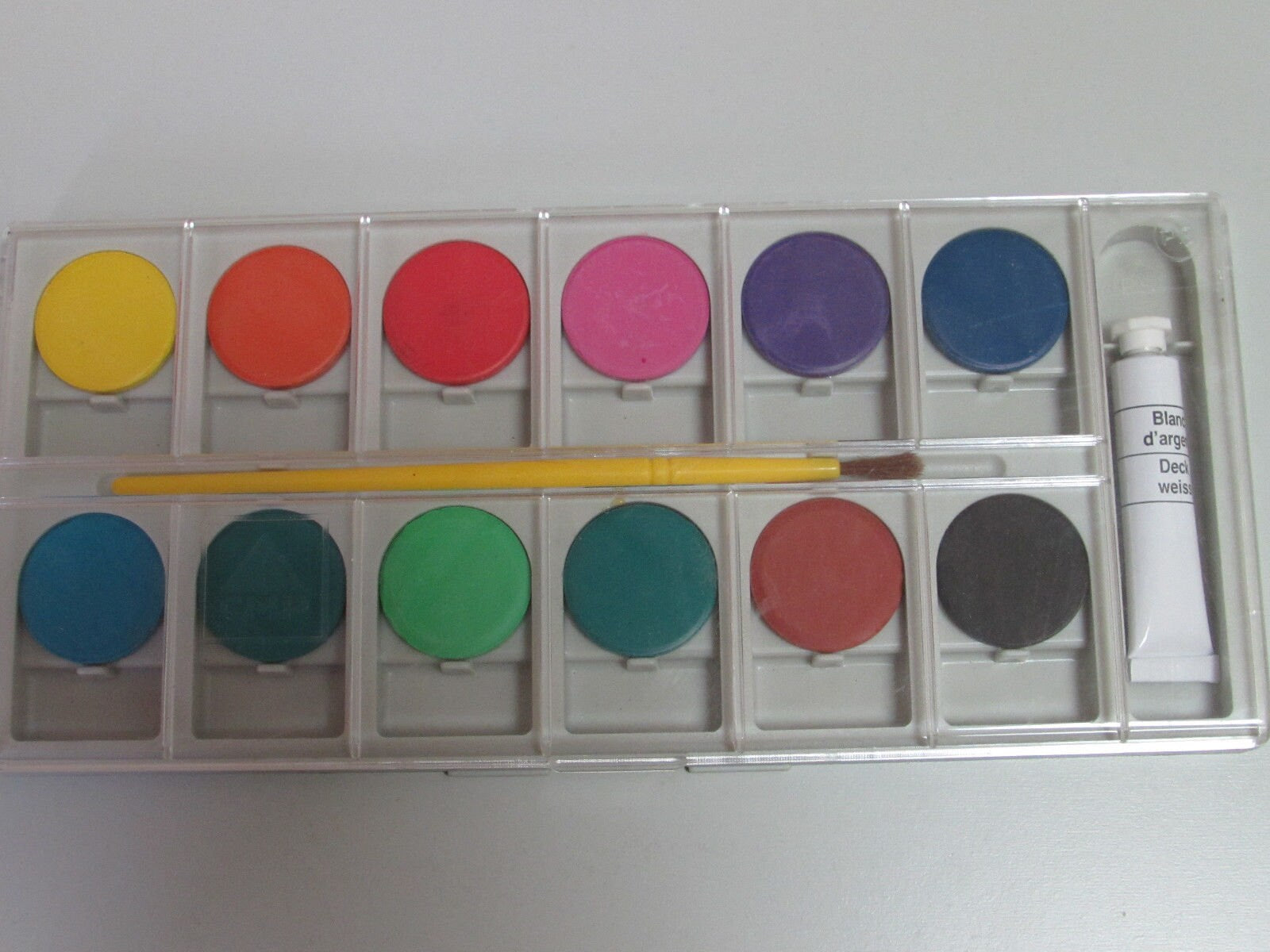 Set of watercolor paints with brush