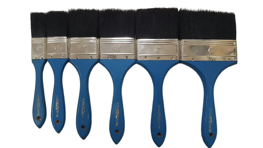 Set of five paint brushes with blue handles and black bristles on a white background