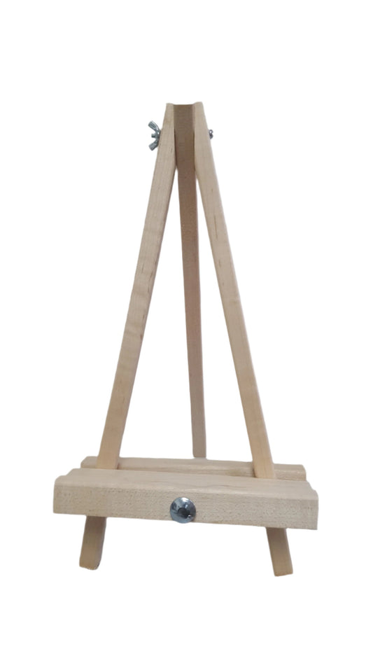 A small wooden table easel designed for displaying small art pieces or used as a stand for painting canvases.