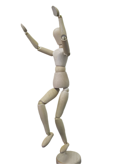 A wooden mannequin with movable arms and legs, posed on a stand, typically used for drawing and painting.