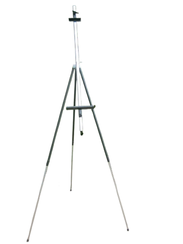 A portable folding metal easel with an adjustable pole, made of chromium plated and varnished steel, displayed against a white background.