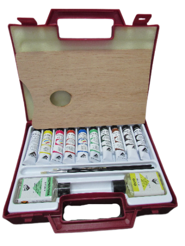 Ferrario Van Dyck Oil Color Paint Set in a plastic carrying case with various paint tubes, brushes, and a wooden palette displayed.