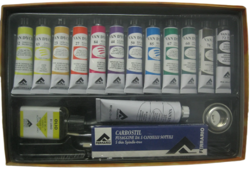 A set of Ferrario Van Dyck oil color paints, including 12 tubes in various colors, a metal cup, brushes, and charcoal pencils, all displayed in a wooden palette.
